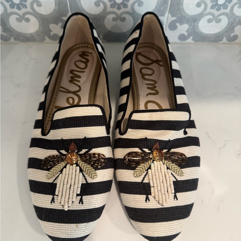 Sam Edelman Black and Cream Striped Loafers with Bee Embroidery